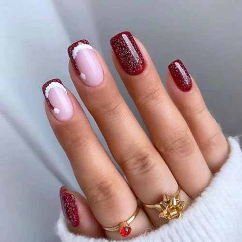 Christmas Press on Nails Short,Christmas Nails with Christmas Hat Design,Burgundy Xmas Red False Nails ShortFrench Short Square False Stick on Nail,Christmas Decoration Festival Holiday Nail Art