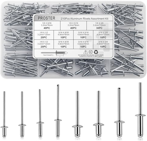 Proster Set 210PZ Rivetti in Alluminio Argento – 8 Misure di Blind Rivets per Auto, Officina e Fai-da-Te, in Scatola Portatile con Scomparti Regolabili