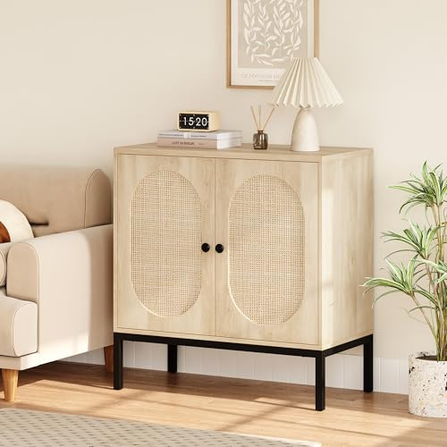 Niwugady Rattan Sideboard, Küchenschrank, Buffet-Schrank mit 2 Türen & Verstellbaren Einlegeboden & Hoch Metallrohr Bein, 80x40x83cm, Küchenschrank Holz für Küche, Esszimmer, Wohnzimmer