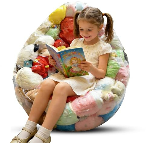 KBIBCK Clear Stuffed Animal Bean Bag Chair Cover, 150L Clear Stuffed Animal Storage Bean Bag Covers, 75x70x6CM PVC Plush Toys Storages, Plush Toy Storage Seat with Zipper(CoverOnly No Filler Included)