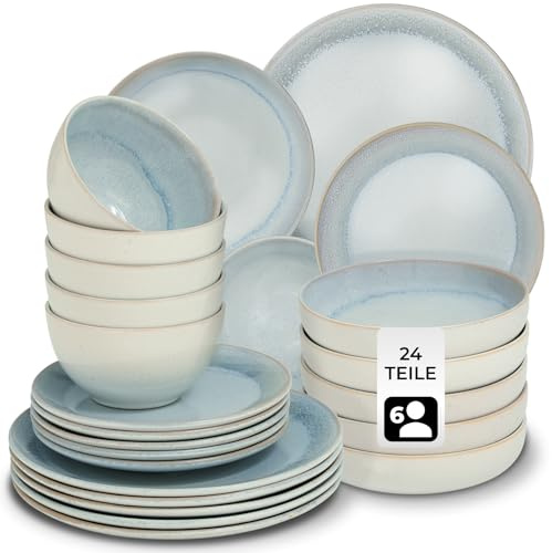 tectake® Set stoviglie 24 pezzi terracotta, servizio piatti 6 persone, set piatti moderni grandi, piccoli, fondi, ciotole, gres smaltato, design moderno, adatto lavastoviglie microonde - Grigio