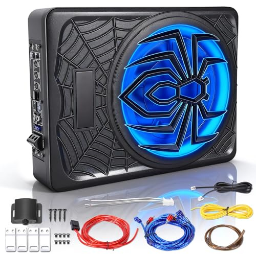 WODHMIEY Subwoofer bil aktiv bas 25 cm 10 tum 1 250 W ultratunn baslåda djup högtalare med förstärkare bil ljud fordon ljudsystem bil lastbil SUV RGB ultratunn hög låg frekvens uppgradering