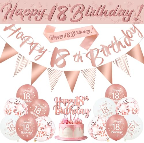 Palloncini 18 Anni Compleanno Oro Rosa, 17 Pezzi Happy Birthday Decorazioni con Palloncini Compleanno Rosa Oro, Festoni Compleanno, Striscione Buon Compleanno, Torta Decorazione per 18° Anni Ragazza