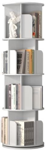 Jpiziso Drehbares Bücherregal 360°, Bücherregal Rund Holz mit 4 Ebenen, Standregal Drehregal Dekoregal, Eck Organizer für Kinderzimmer, Wohnzimmer, Schlafzimmer, Weiß, 40 x 136,2 cm