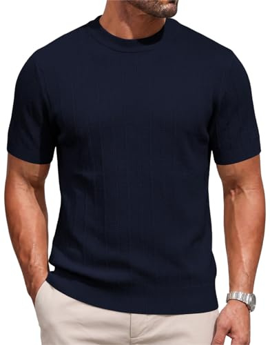 Focixfor Mens Knitted T Shirt Short Sleeve Summer Crew Neck Striped Ribbed Casual Golf UK Shirts