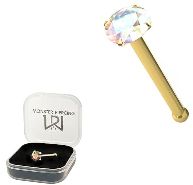 Monster Piercing - 14K Gold Echtgold | Nasenpiercing Nasenstecker Stud | Kristallstein | Stabstärke: 22G (0,6 mm) | Stablänge: 6mm | Steingröße: 1,5mm bis 2,5mm | Hypoallergen