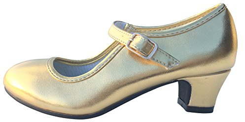 LA SEÑORITA Zapatos de Flamenco para Niñas y Mujer [Talla 24 a 42]. Zapatos de Tacón para Sevillanas y Clases de Baile. Zapatos de Gitana Dorado