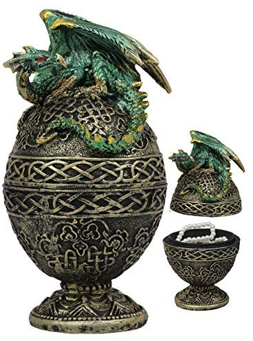 Ebros Gift Green Dragon Perching On Celtic Knotwork Tattoo Relic Golden Egg Decorative Jewelry Box Figurine 6.25 High Fantasy Myths Legends Dungeons and Dragons Statue
