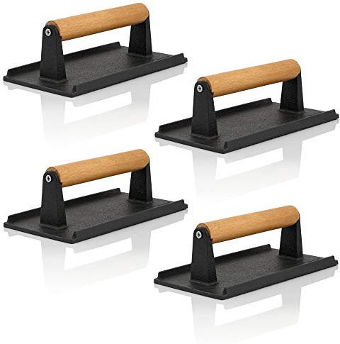 BBQ-Toro Fleischbeschwerer Gusseisen | 4 Stück | 1 kg Grillgewicht mit Holzgriff | Burgerpresse, Fleischpresse | Steakpresse, Burger Smasher Gusseisen | Gasgrill Gewichte, Grillpresse für Fleisch