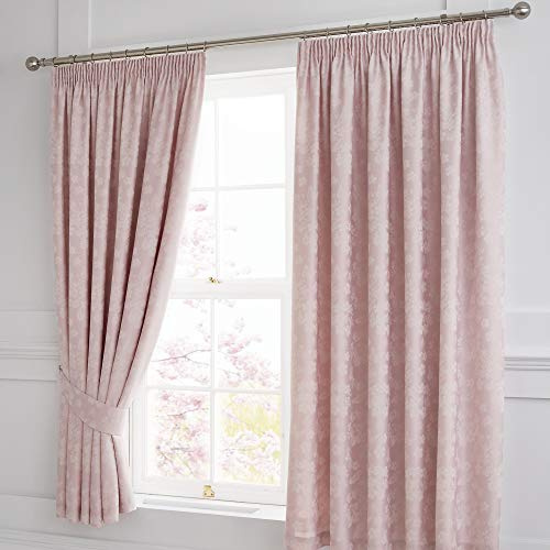 Serene Blossom-Jacquard Lined Pencil Curtains with Tie-Backs, Blush Pink, 66 Width x 72 Drop (168 x 183cm)