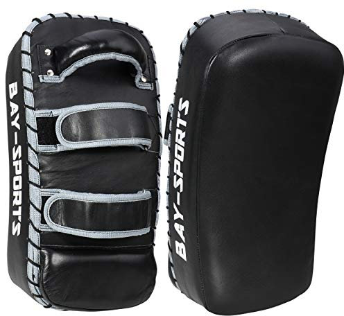 BAY Sports Leder Thai TECH 2020 Arm-Pratzen, Handpratzen, Armschlagpolster, vorgekrümmt, schwarz, Pratzen, krumm, Kickboxen, Muay Thai, Thaiboxen, MMA, K1, K-1, Handschlagpolster