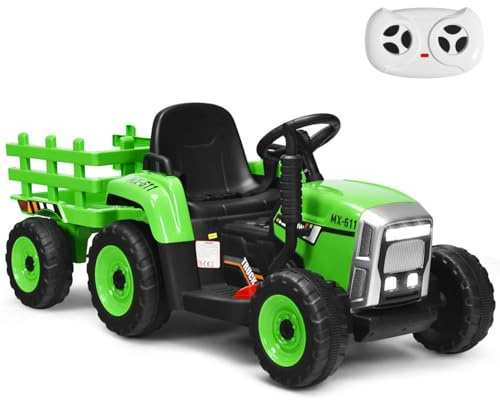 GYMAX Kids Electric Tractor with Detachable Trailer, LED Lights, Music, Horn, USB & Bluetooth, 12V Battery Powered Ride on Car for 3 Years Old + Boys Girls (Green)