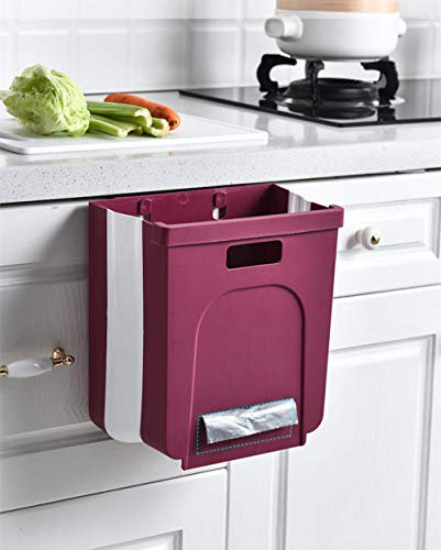 Cubo de basura colgante, colgable y plegable, contenedor de almacenamiento especial para la cocina del hogar, rojo vino