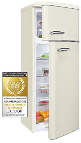 Exquisit Retrokühlschrank RKGC270-45-H-160E magnolienweiss | 206 L Volumen | Retro Kühlschrank mit Gefrierfach freistehend | Türablagen & Glasablagen | LED