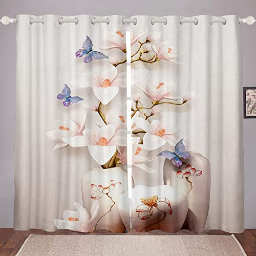 Loussiesd - Tende per finestre, motivo: fiori di pesca/farfalle, per ragazze, donne e bambini, tende botaniche per camera da letto e soggiorno, decorazione per finestre con rami, 116,8 x 137,2 cm