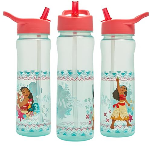 Disney Moana Wasserflasche mit aufklappbarem Strohhalm, 600 ml, offizielles Disney-Merchandise-Produkt, wiederverwendbar, auslaufsicher, BPA-frei, recycelbarer Kunststoff, ideal für Schule,