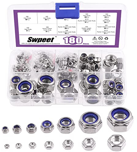 Swpeet 180Pcs Metric 304 Stainless Steel 2 Types Lock Nuts and Hex Nuts Assortment Kit, Coarse Thread Hexagon Nut for Home Automotive Shop Use (M2 M2.5 M3 M4 M5 M6 M8 M10 M12)