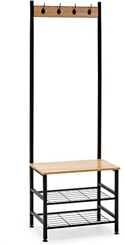 HOMN LIVING Kleiderständer mit Schuhschrank Lisa mit Bank 2 Ablagen, Eiche/Schwarz, 60 cm (Breite) 40 cm (Tiefe) 175 cm (Höhe)