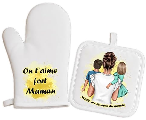 Générique Duo Manique et Gant de Cuisine Personnalisés – Maman avec 1 ou 2 Enfants – Message Personnalisé – Cadeau Fête des Mères ou Anniversaire – Accessoire Cuisine – Expédition 24H