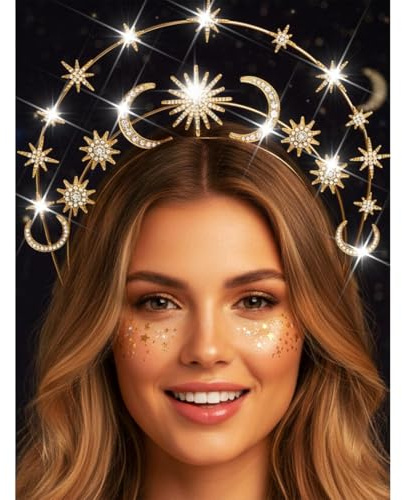 Zoestar Halo Crown Headband Star Crystal Hair Band Sparkly Rhinestone Headpiece Goddess Wedding Hair Tiara Party Costume Hair Accessories for Women,1 Pcs (Gold 3)