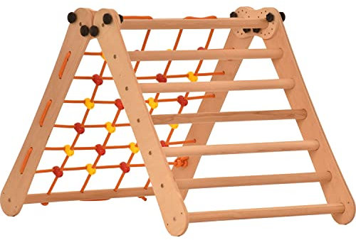 Rinagym Indoor Klettergerüst – Indoor Leiter mit Kletternetz - Zusammenklappbarer Holzrahmen für Kinder, fördert das Gleichgewicht - Farbe & Lack auf Wasserbasis - 50 kg Tragkraft (7p7s)