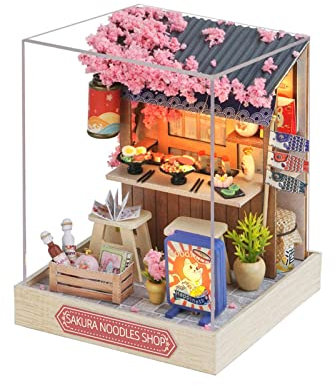 Ronyme Miniatur-Puppenhaus-Bausätze, handgefertigtes Mini-Hausmodell, Holzhandwerksspielzeug für Geburtstagsgeschenke für Erwachsene, Sakura Nudelhaus