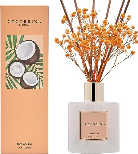 COCORRÍNA Diffusorset med vas- 200 ml doftspridare med kokos lime med pinnar hemdoft för sovrum badrum vardagsrum, hem och kontorsdekor