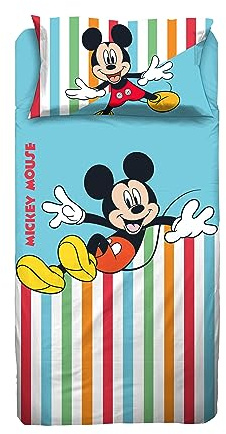 Mickey Mouse - Juego de sábanas para Cama Individual de Disney, sábana encimera, sábana Bajera, Funda de Almohada, Azul, Disney, 100% algodón, Producto Oficial