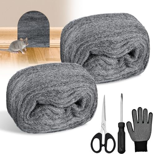 DazSpirit 2 pcs Steel Wool Mice, 3 m 0000 Fine Steel Wool for Rodent Control with Gloves, Scissors and Screwdriver, Wire Wool for Sealing Gaps, Cleaning, Polishing