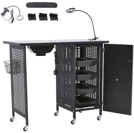 Mobile Manicure Nail Table, Professional Nail Station with Electric Nail Dust Collector, Adjustable LED Lamp, Wrist Cushion and 4 Removable Drawers,Beauty Salon Workstation Manicure Nail Desk, Black