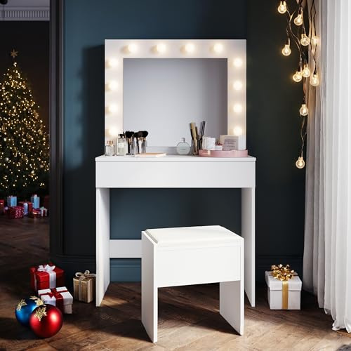 SONNI Toeletta Trucco Comò con Specchio Sgabello, Vanità da Camera da Letto con Cassetti, tavolo trucco con 12 Lampadine LED Dimmerabili a Luminosità Regolabile, Facile da Assemblare, Bianco