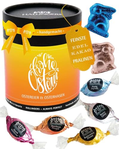 Hallingers Genuss Manufaktur Pralinen-Osterei Oster-Geschenk - mit & ohne Alkohol, handmade aus Edelkakao in wertiger Geschenkdose Frohe Ostern Os..., Ostern Körbchen für Frauen Männer