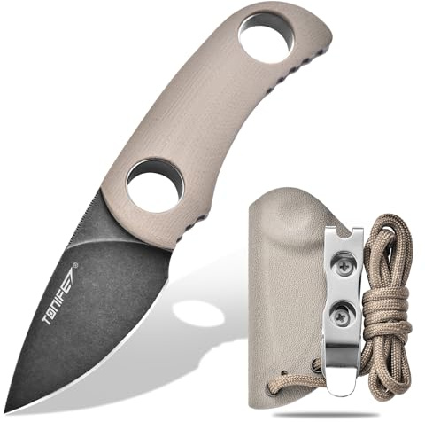 TONIFE 4,7 cm fast bladkniv, minihalskniv med Kydex-fodral och snodd, bärbar EDC Fixkniv för överlevnad utomhus (varm sand + svart oxid och sedan stenvägar)