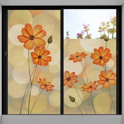 Fensterfolie Orange Grün Floral Fensterfolie Blickdicht Anti-UV Sichtschutzfolie Fenster Milchglasfolie Zuhause Büro Folie Fenster Sichtschutz Window Film 2 Stück/80x200cm