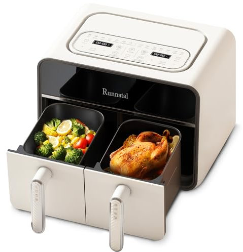 Runnatal Dual Zone Heißluftfritteuse mit Sichtfenster, 8L Airfryer, 2100W, 2 Fächer, 14-in-1 Doppelkammer Heißluftfritteuse Mit Vegetarier und Fleischtöpfen, 2 kammern Airfryer, Antihaftbeschichtung