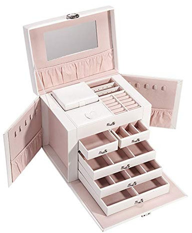 NEWNAN Schmuckschatulle, Schmuckkästchen für Damen und Mädchen, mit Spiegel, Halskette, Ring, Ohrringe, Organizer, PU-Leder, herausnehmbare Schublade, Schmuckschatulle, mehrschichtiges Design, großes