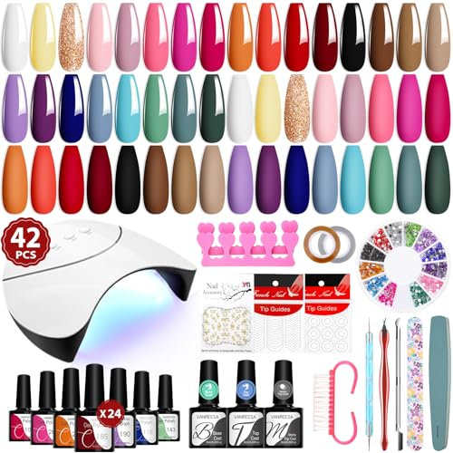 VANREESA Kit Unghie Semipermanente, Rosa Rosso Marrone Viola 24 Colori Autunno Kit Unghie Gel Completo con 36W Lampada U V e Base Top Coat Set Manicure Regalo per Le Donne