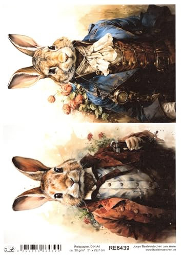 Josys Bastelmärchen Reispapier A4 Strohseide Decoupage Ostern Hase in Vintage Anzug RE6439