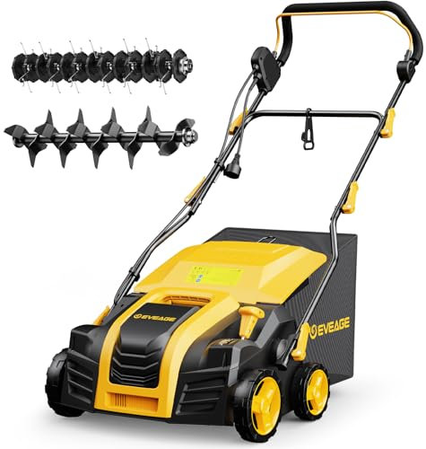 EVEAGE 16-Inch 15-Amp Electric Dethatcher and Scarifier 5-Position Depth Adjustment,Removeable 14.5-Gal Collection Bag,Quick-Fold,Airboost Technology Increases Lawn Health