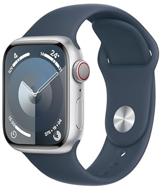 Apple Watch Series 9 [GPS + Cellular, 41 mm] Coque en Aluminium Argenté avec Bracelet de Sport Bleu Tempête, M/L (Reconditionné)