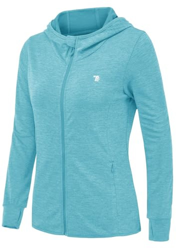 Rdruko Veste de course pour femme avec capuche UPF 50+ protection UV Hoodie entièrement zippée veste de sport légère à manches longues pour la course à pied, le yoga, le fitness, bleu ciel, S