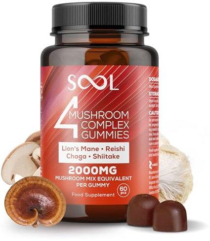SOOL 4 Mushroom Complex Gummies 2000mg, 60pcs, Natural Flavour: Chaga, Reishi, Shiitake, Lions Mane Supplement | Nootropics Gummies High Strength | Memory & Focus, Energy, Immunity Booster Supplement