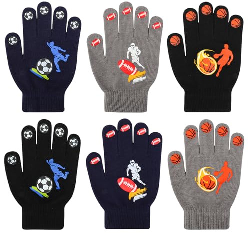 QKURT 6 Pairs Kids Gloves Age 5-12, Winter Magic Gloves Children Full Finger Glove Stretchy Knitted Mitten with Basketball Soccer Sports Design for Boys Girls Outdoor Cycling Commuting