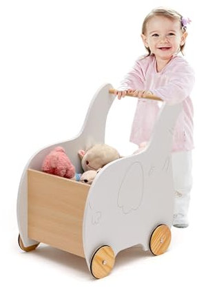 LIFEZEAL Girello per Bambini, Girello Neonato, Baby Walker, in Legno, Primi Passi per Bambini, con Spazio di Archiviazione, Girello Bimba per 12-36 Mesi, Carrello Primi Passi con Ruote, Bianco
