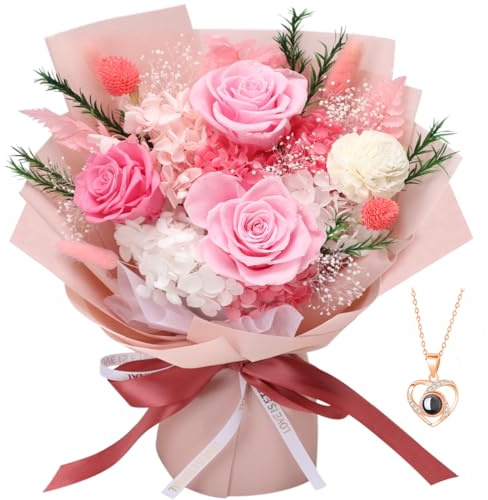Casaido Preserved Flowers for Delivery, Mothers Day Pink Flower Bouquets with Necklace, Forever Real Roses Anniversary Birthday Valentines Day Christmas Rose Gifts for Women Mom Wife Girlfriend