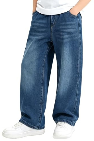 FILOWA Jeans Ragazzo Bambino Dritto Baggy Denim Loose Fit Pantaloni con Vita Elasticizzata Lunghi Blu Pantaloni Casual Stretch Denim Jeans Moda Streetwear per Ragazzi 11-12 Anni