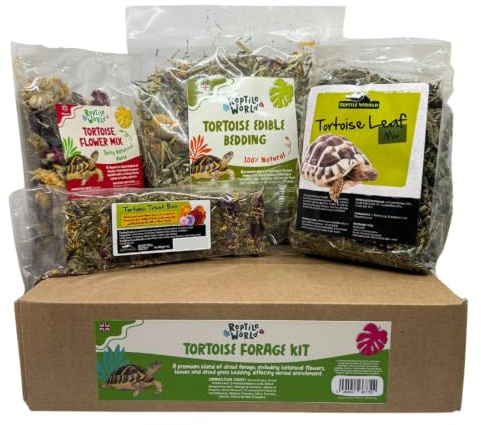 Reptile World Tortoise Forage Kit | Healthy Treat Bundle for Tortoises, 100% Natural Food, Enrichment, and Treats | Edible Bedding, Flower Mix, Leaf Mix