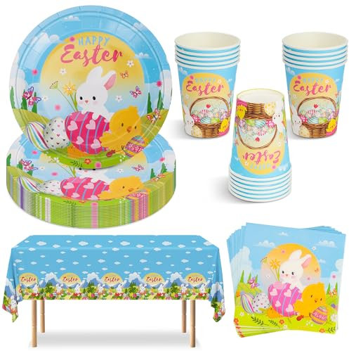 Easter Party Tableware Set for 16 People, 53Pcs Easter Decoration Paper Dinnerware Set, Easter Party Tableware Decor with Easter Plastic Tablecloth Party Plates Napkins Cups Party Supplies