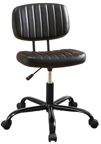 PUFAHAU Mid-Century-Bürostuhl, schwarzer Leder-Computerstuhl, Gaming-Stuhl mit Rollen, Arbeitsstühle mit Verstellbarer Sitzhöhe und Rückenlehne, drehbarer Rollstuhl für das Home-(/Black-One Size)