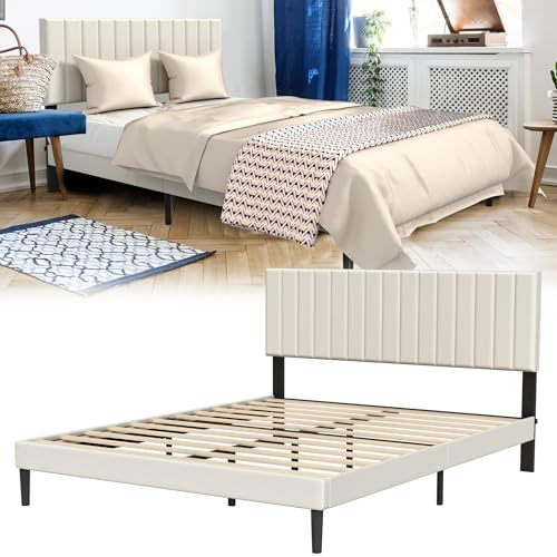 YRHome Cama tapizada con cabecero de piel, marco de cama con somier de láminas de madera, con soporte de listones de madera, con herramientas de instalación, hasta 300 kg, tela de felpa beige y